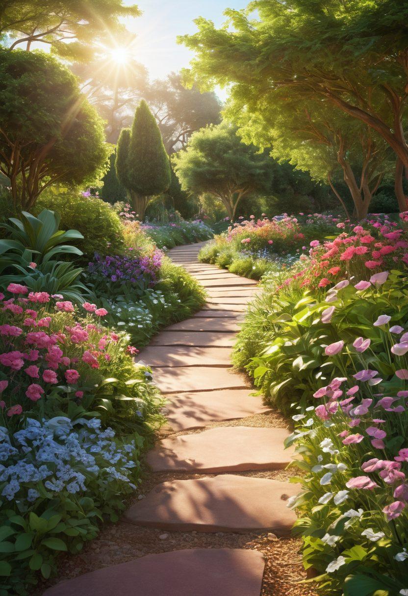 A serene pathway winding through a vibrant garden, symbolizing hope and resilience in cancer care. Include gentle rays of sunlight filtering through lush greenery, with silhouettes of people supporting each other in the distance. Add elements representing awareness ribbons subtly integrated into the flora. The overall tone should evoke feelings of empowerment and support. super-realistic. vibrant colors. 3D.