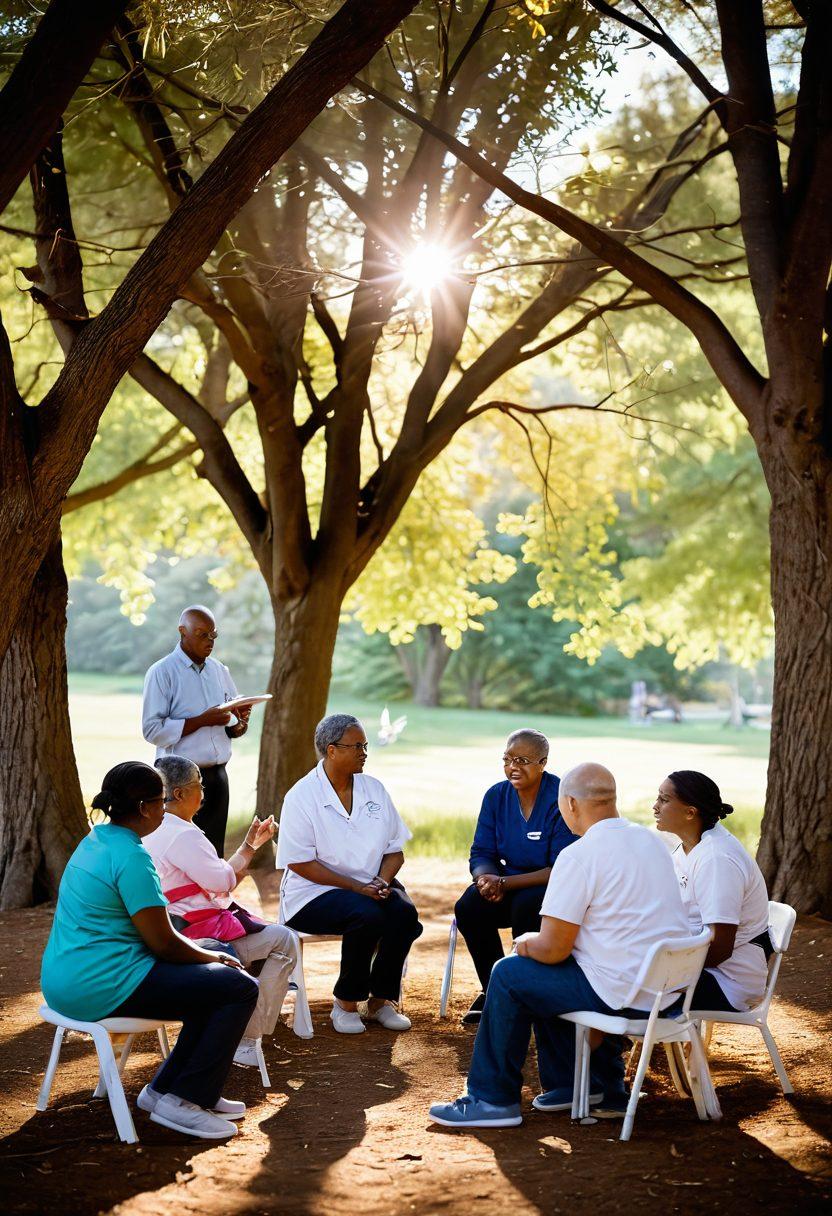 A diverse group of people gathered in a warm, welcoming circle, sharing their experiences with cancer treatment and survivorship, surrounded by nature. Symbols of hope, like doves and ribbons, are subtly integrated into the scene. Sunlight filters through the trees, casting a gentle glow on the participants who are engaged in supportive conversation. The atmosphere is one of empathy and strength, reflecting community spirit. painting. vibrant colors. soft focus.